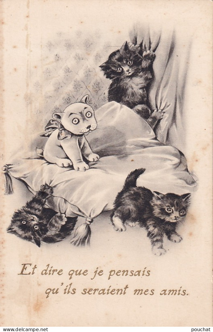 UR Nw41- " ET DIRE QUE JE PENSAIS QU'ILS SERAIENT MES AMIS " - GROUPE DE CHATONS ET CHIOT - ILLUSTRATEUR - Chats