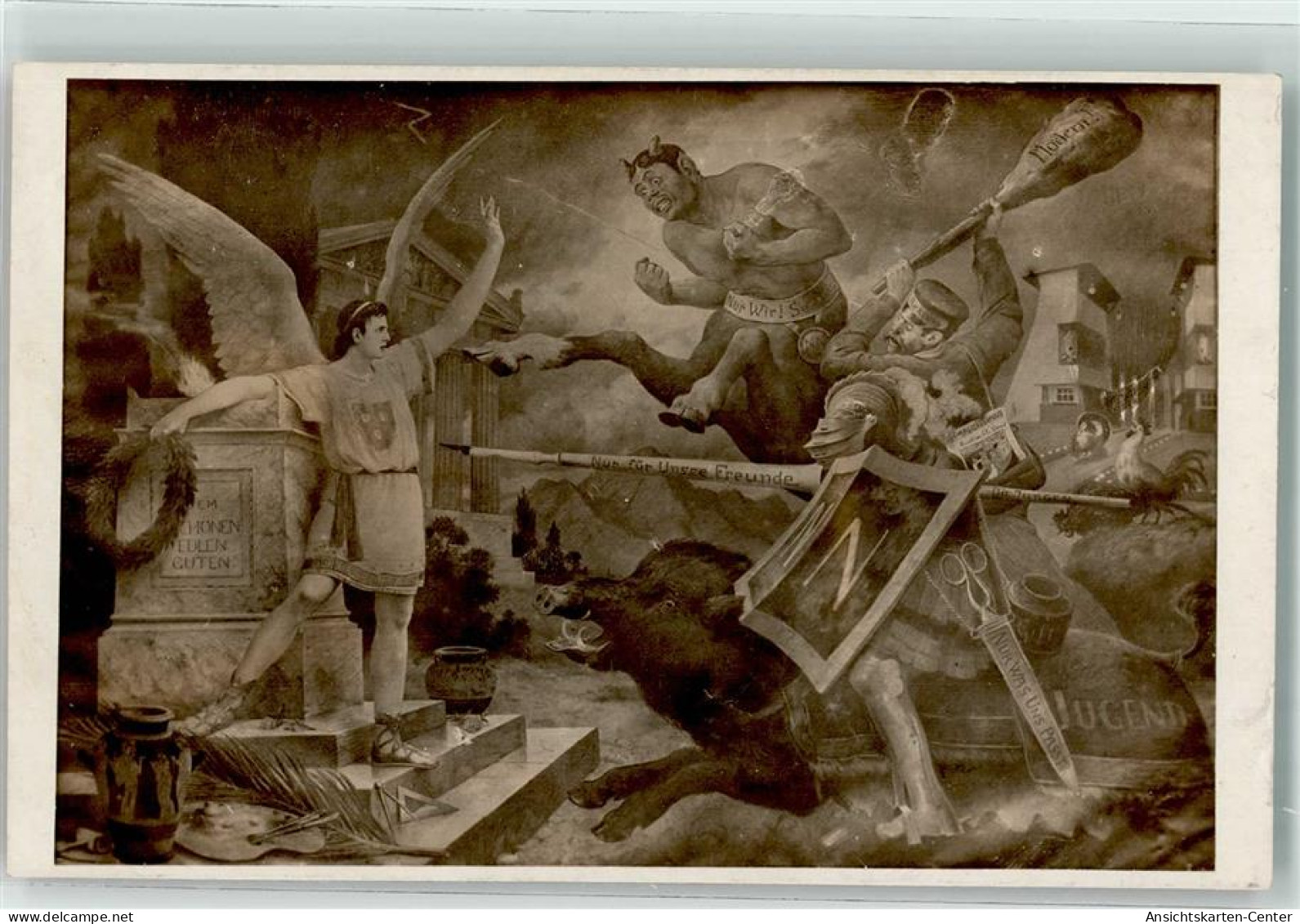 10673306 - Karikatur Allegorie  Engel Teufel  Wildschwein Siegeskranz  Das Alte Und Das Moderne  Schere - Ereignisse