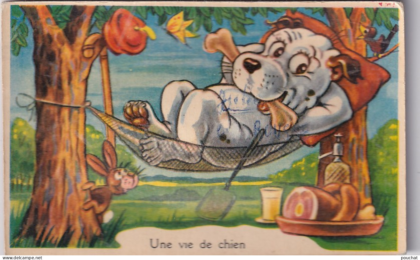 UR Nw42- " UNE VIE DE CHIEN " - CARTE A SYSTEME POUET POUET - CHIEN DANS HAMAC AVEC OS - ILLUSTRATEUR - Met Mechanische Systemen