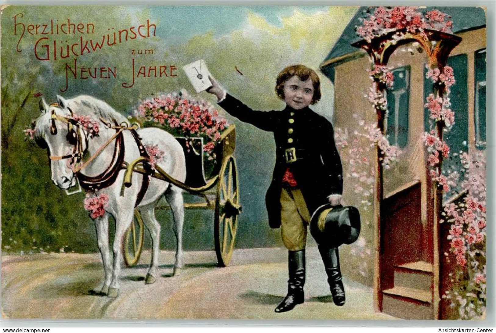 39622606 - Glueckwunsch Kind Brief Zylinder Pferdekutsche Blumen - Neujahr