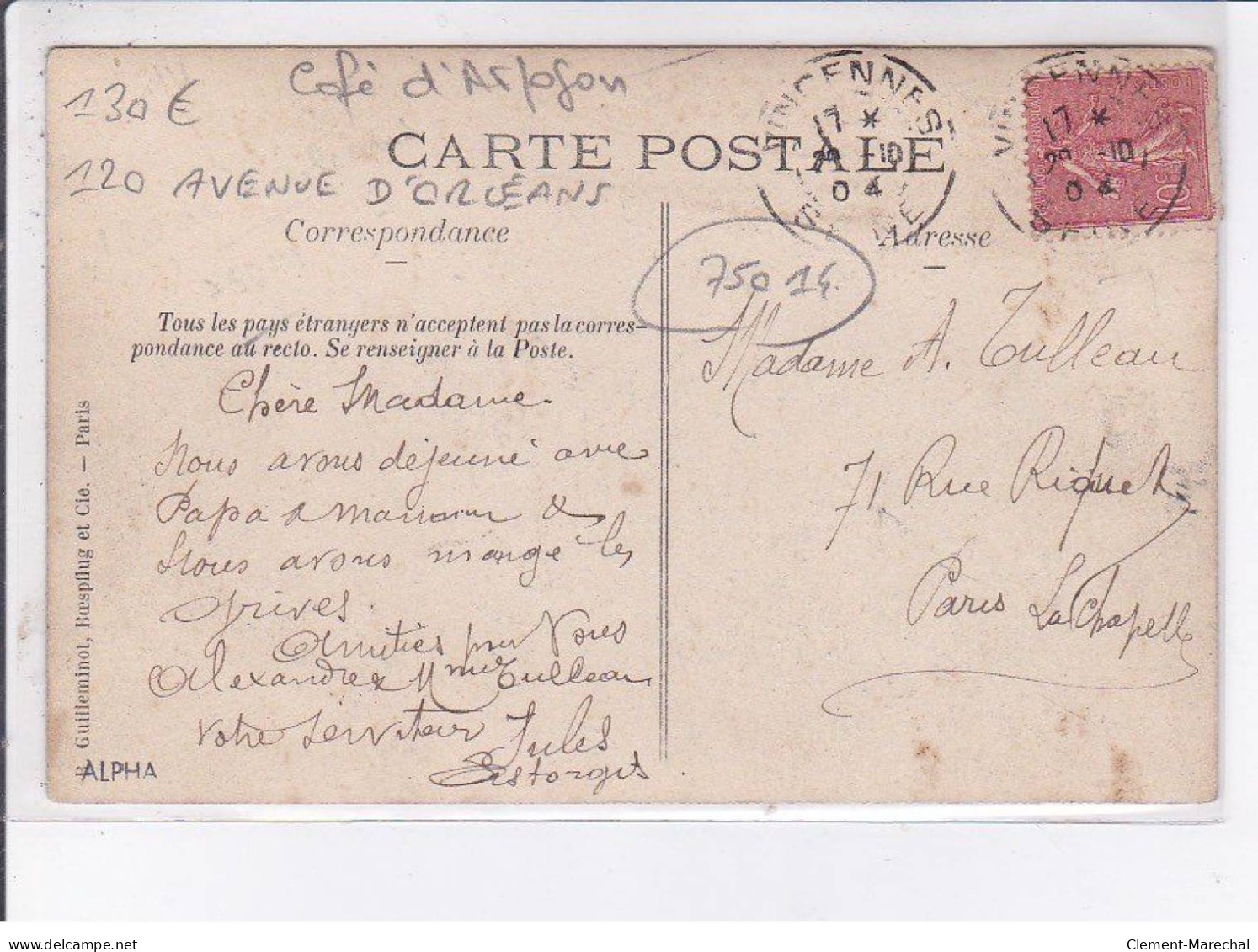 PARIS: 75014, Café Aslofon, 120 Avenue D'orléans, Ed. Rigolet - Très Bon état - Paris (14)