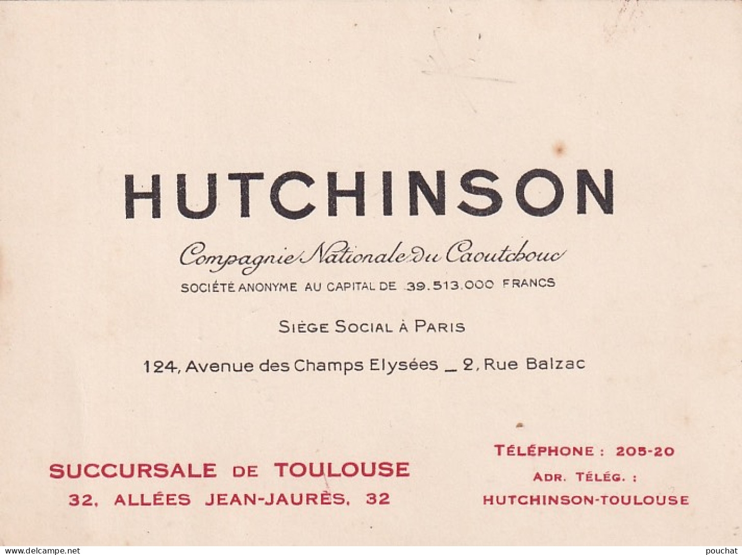 UR Nw43-(31) HUTCHINSON ( COMPAGNIE  NATIONALE DU CAOUTCHOUC )- CARTE DE VISITE SUCCURSALE DE TOULOUSE, ALLEES J. JAURES - Visitekaartjes