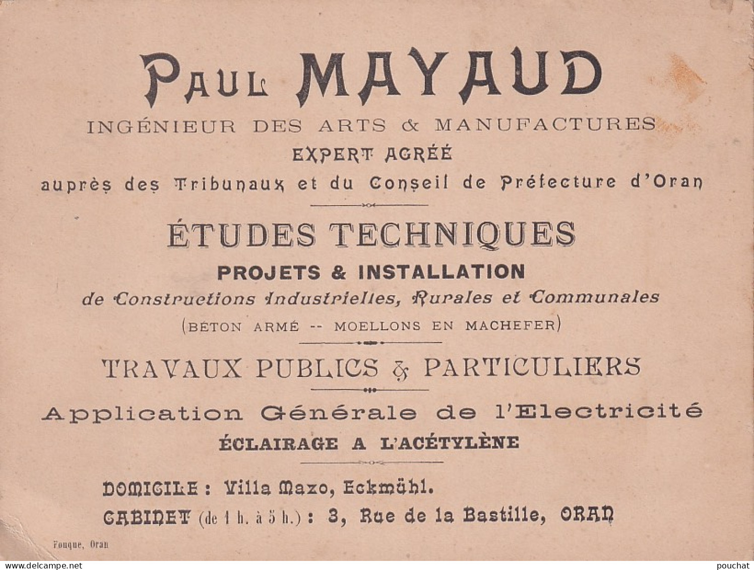 UR Nw43- PAUL MAYAUD , ETUDES TECHNIQUES ( PROJETS & INSTALLATION ) CABINET  A ORAN ( ALGERIE ) - Cartes De Visite