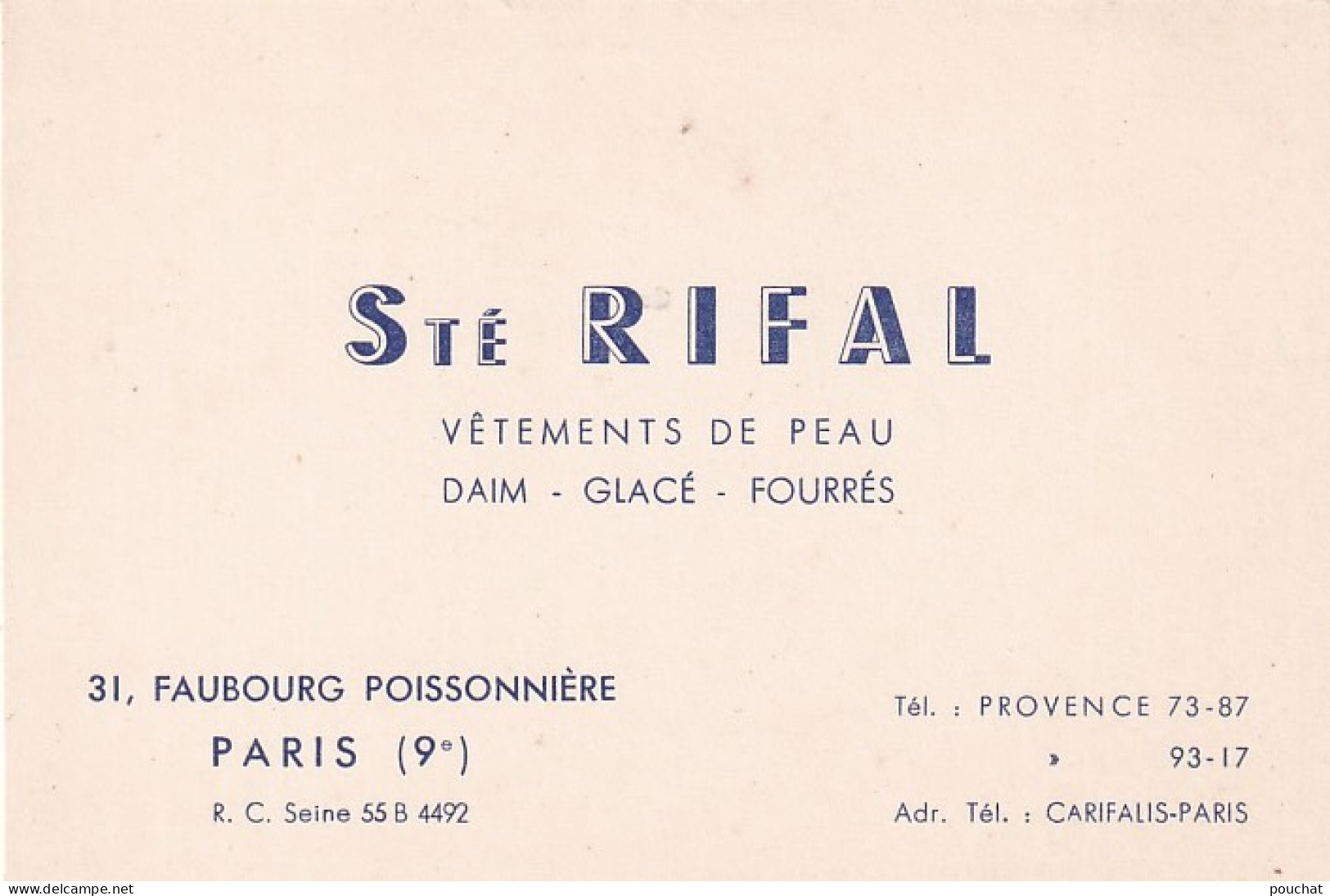 UR Nw43-(75) STE RIFAL , VETEMENTS DE PEAU , PARIS 9e - Cartoncini Da Visita
