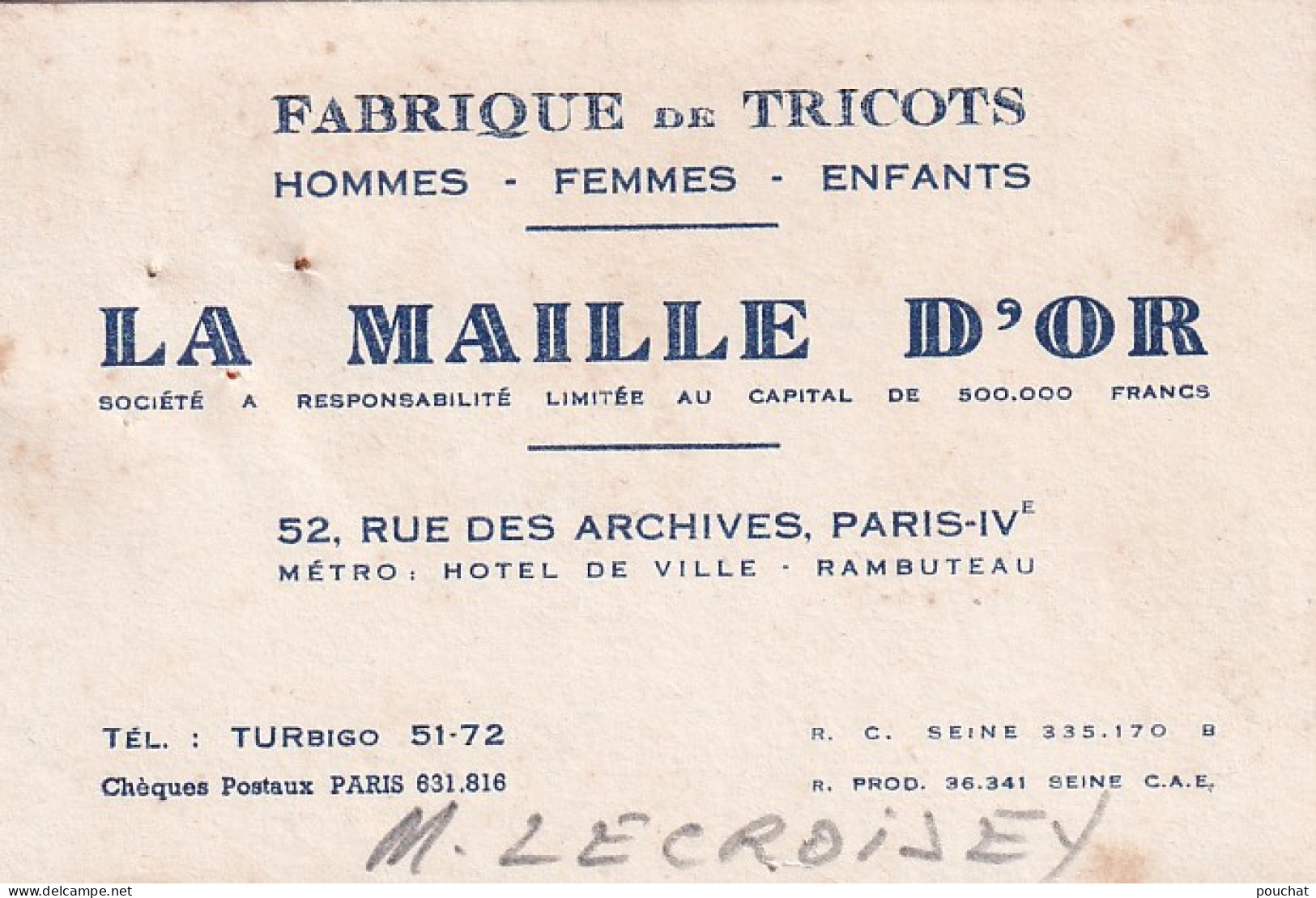 UR Nw43-(75) LA MAILLE D'OR - FABRIQUE DE TRICOTS , PARIS IV - CARTE DE VISITE  - Visitenkarten
