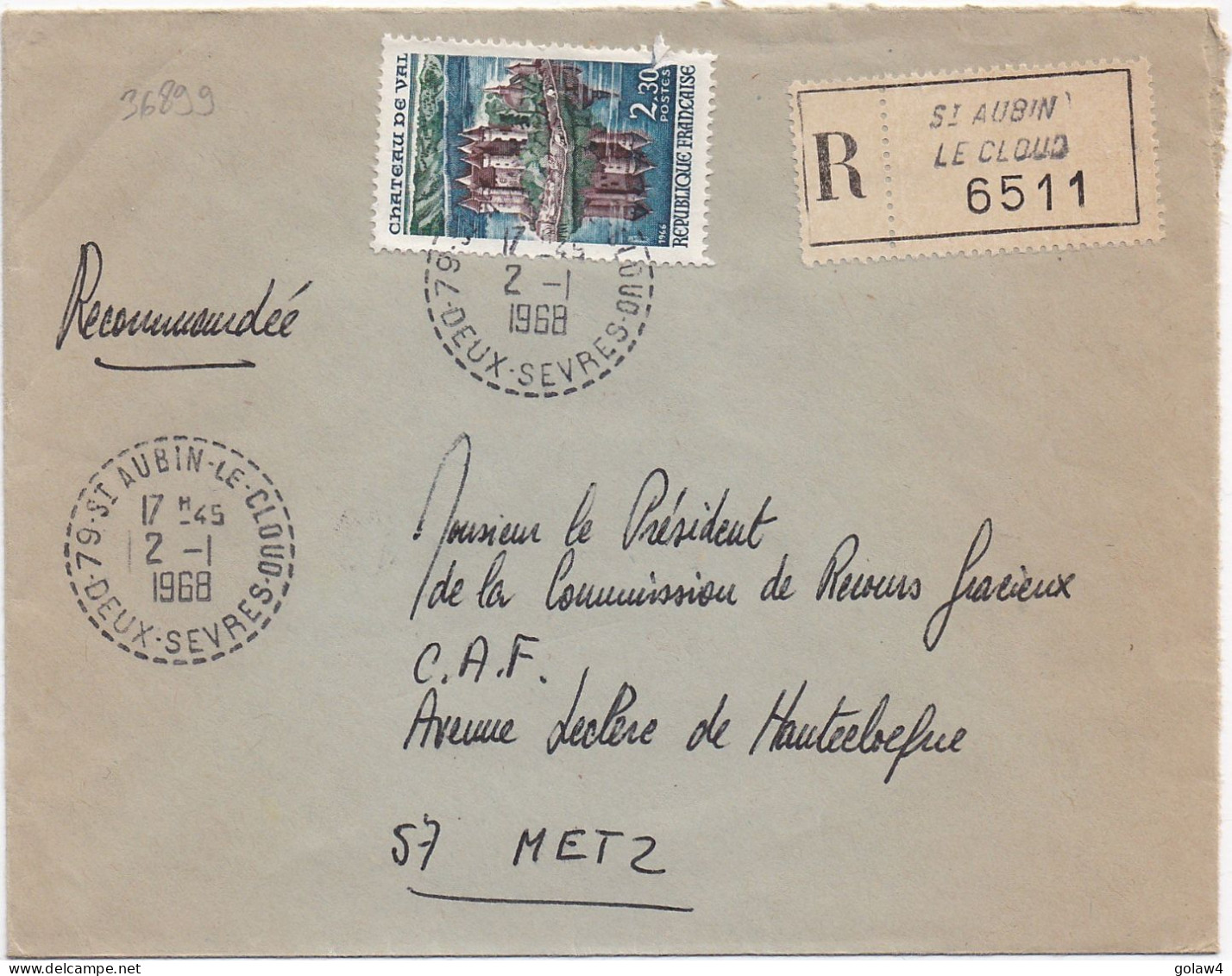 36899# LETTRE FRANCHISE POSTALE PARTIELLE RECOMMANDE Obl 79 ST AUBIN LE CLOUD DEUX SEVRES 1968 METZ MOSELLE - 1961-....