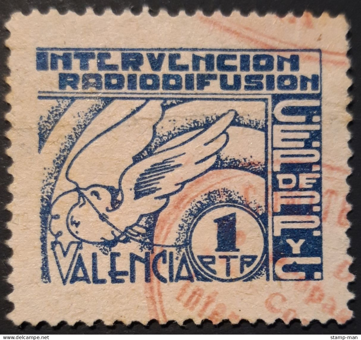 VALENCIA. INTERVENCIÓN RADIODIFUSIÓN. C.E.P. DE P.P. Y C. 1 PTA. EDIFIL-ALLEPUZ 101. RARA. - Verschlussmarken Bürgerkrieg