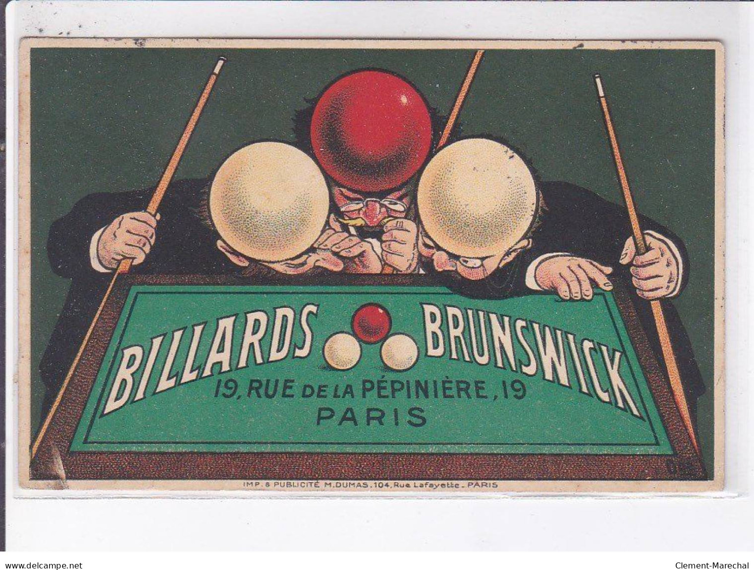 PUBLICITE: Billards Brunswick, 19 Rue De La Pépinière, Paris, Homme à Tête De Boules De Billard - état - Publicité