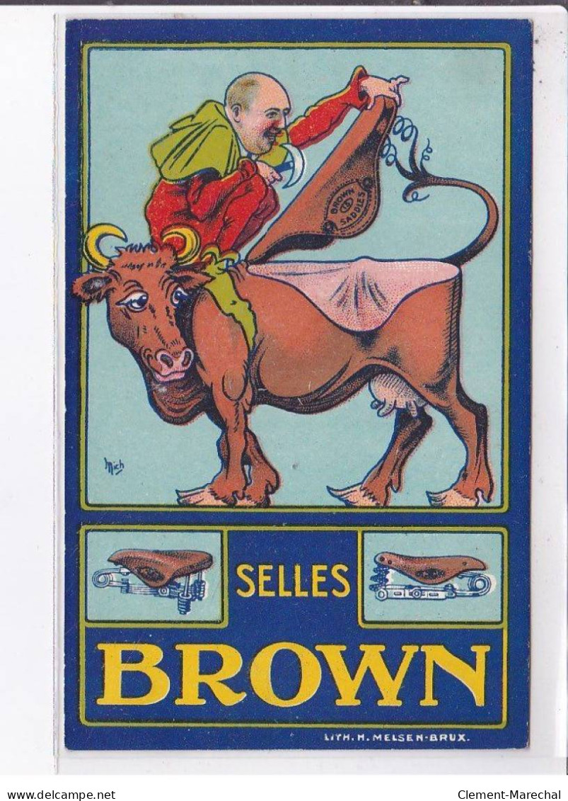 PUBLICITE: Selles Brown, Vache à Corne, Homme Posant La Selle Sur La Vache, Mich - Très Bon état - Publicidad