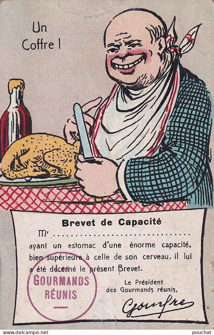 UR Nw45- UN COFFRE - BREVET DE CAPACITE " GOURMANDS REUNIS " - HOMME ATTABLE DEVANT UNE VOLAILLE - ILLUSTRATEUR  - Humor