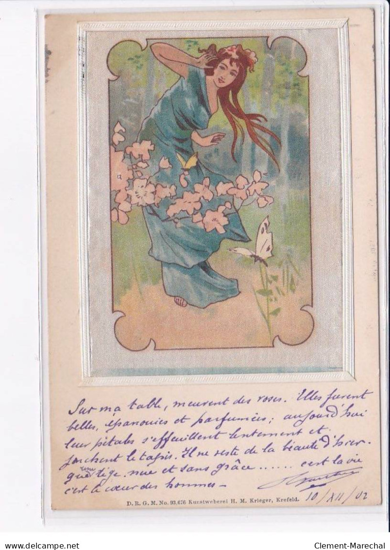 ILLUSTRATEURS Art Nouveau : Carte Sur Soie "femme Et Papillon"- Très Bon état - Autres & Non Classés