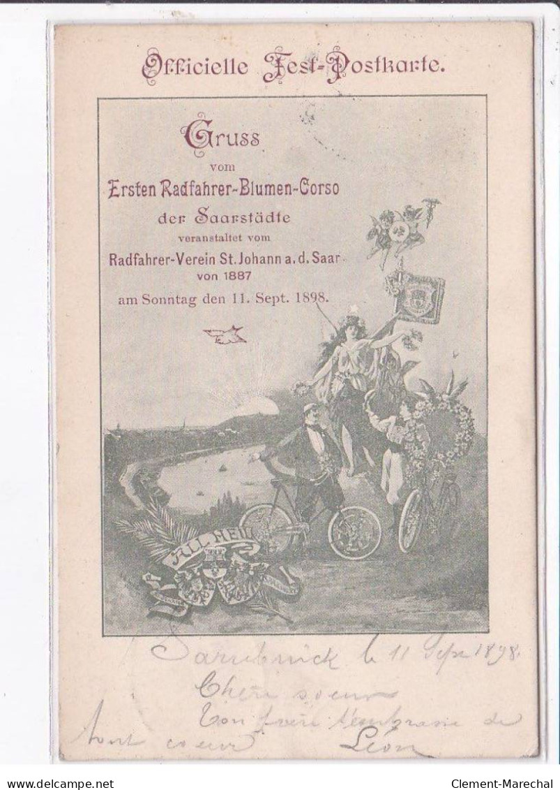 PUBLICITE: Gruss Vom Ersten Radfahrer-blumen-corso Der Saarstädte, 1887, Vélo - Très Bon état - Pubblicitari