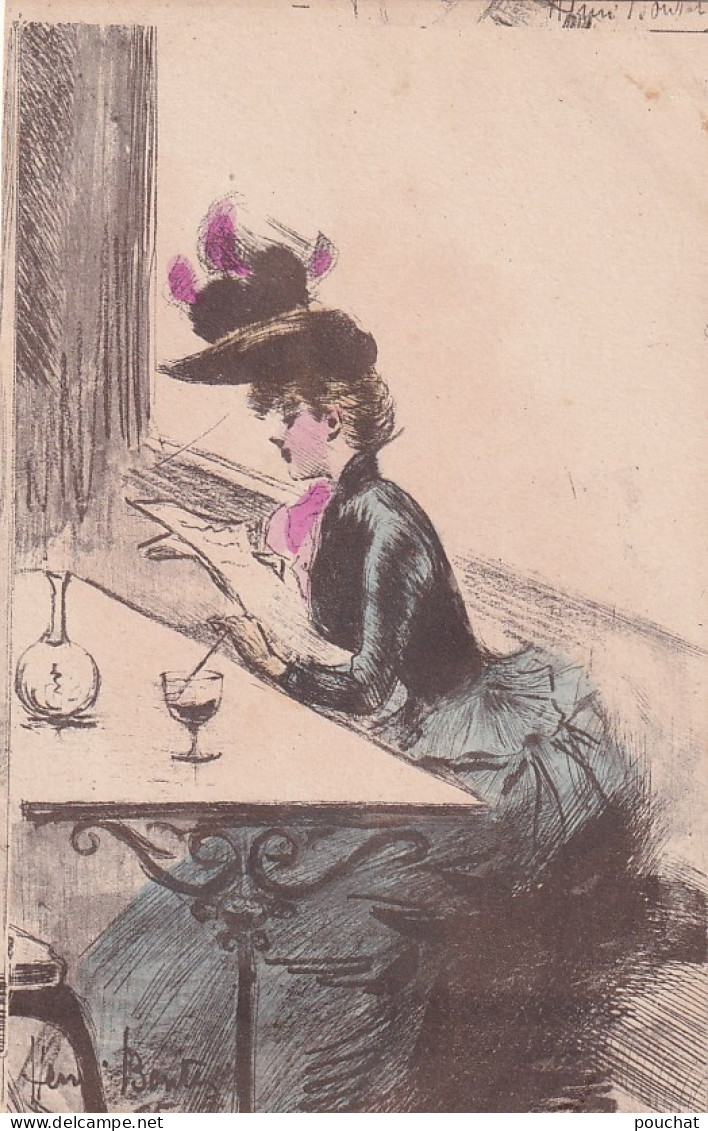 UR Nw46- FEMME  CHAPEAUTEE ATTABLEE AU CAFE ET  LISANT LE JOURNAL - ILLUSTRATEUR H. BOUTET - Boutet