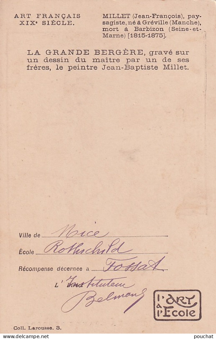 UR Nw46- LA GRANDE BERGERE - TABLEAU J. F. MILLET - PRIX DE L'ECOLE ROTHSCHILD A NICE (06) - Pittura & Quadri