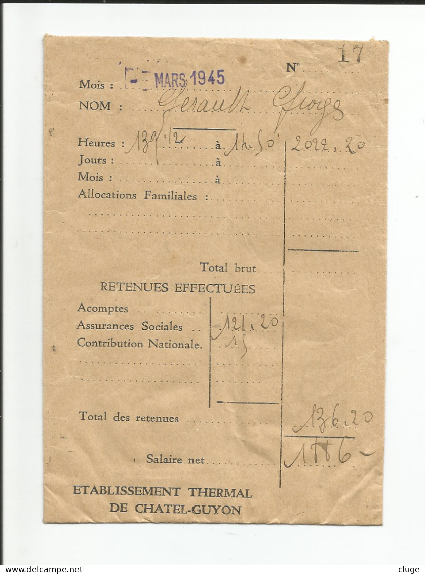 63 - CHATEL GUYON - Etablissement Thermal - Enveloppe De Paie - Année 1945 - Ohne Zuordnung