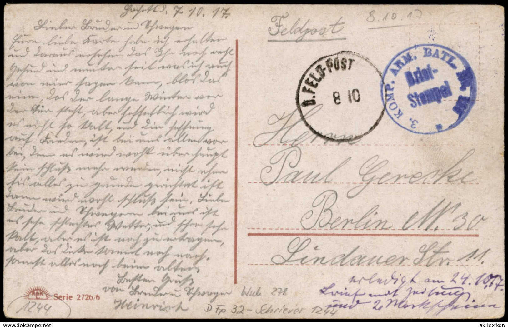 Ansichtskarte  Feldpostkarte 1. WK (Lob Vom Hauptmann) 1917  (Feldpoststempel) - War 1914-18