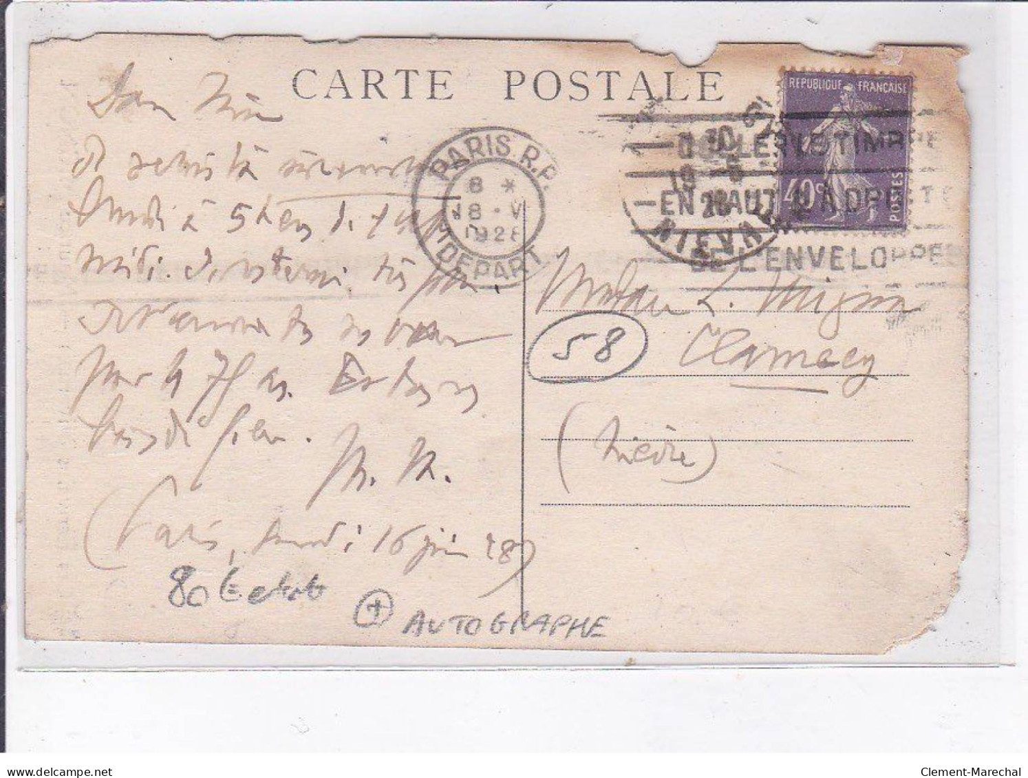 NIEVRE: Maurice Mignon, Autographe - état - Saint-Amand-en-Puisaye