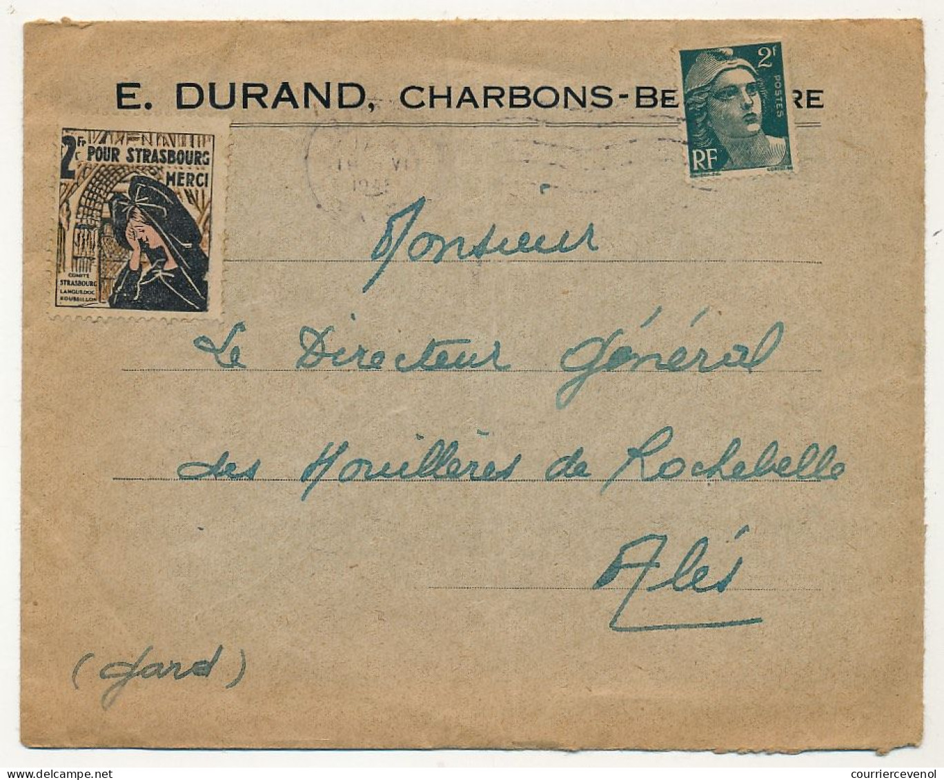 Enveloppe Affr 2F Gandon - 1945 Gard - Vignette "2 Fr Pour Strasbourg - Comité Strasbourg Languedoc Roussillon" - Lettres & Documents