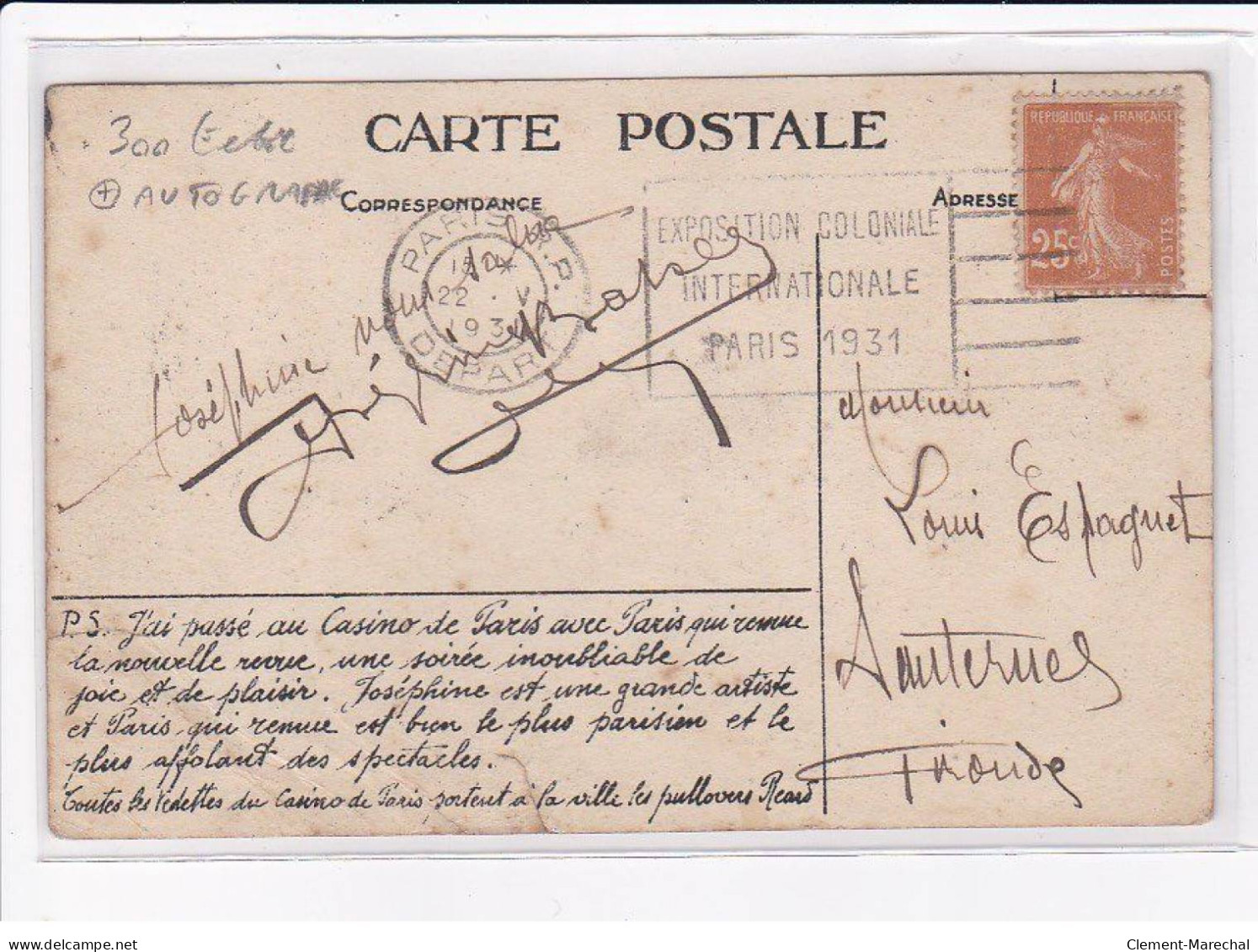 ARTISTES : Autographe De Joséphine BAKER Au Casino De Paris En 1931 - état - Entertainers