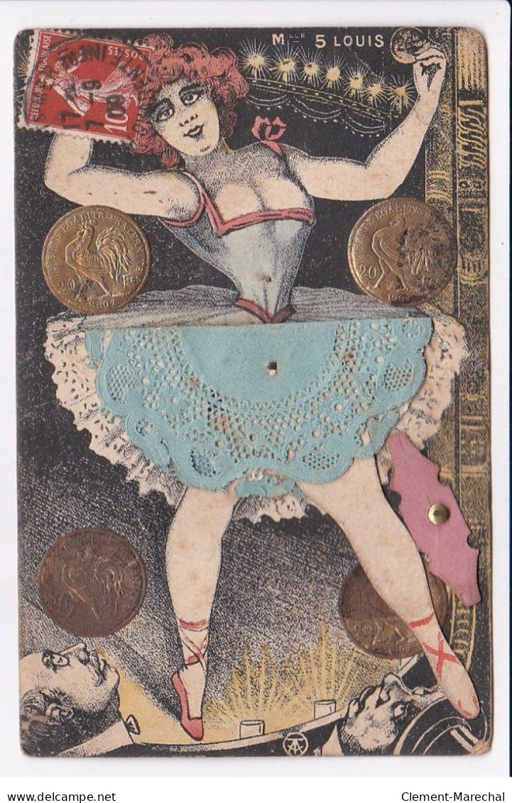 SYSTEME : Femme (Mademoiselle 5 Louis D'Or) (nus - Prostitution) (mechanical) - état - Cartoline Con Meccanismi