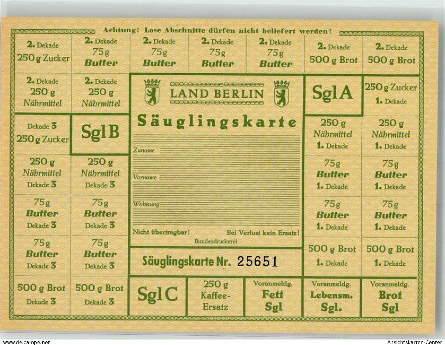 10710306 - Lebensmittelkarte Saeuglingskarte  Land Berlin - Other & Unclassified