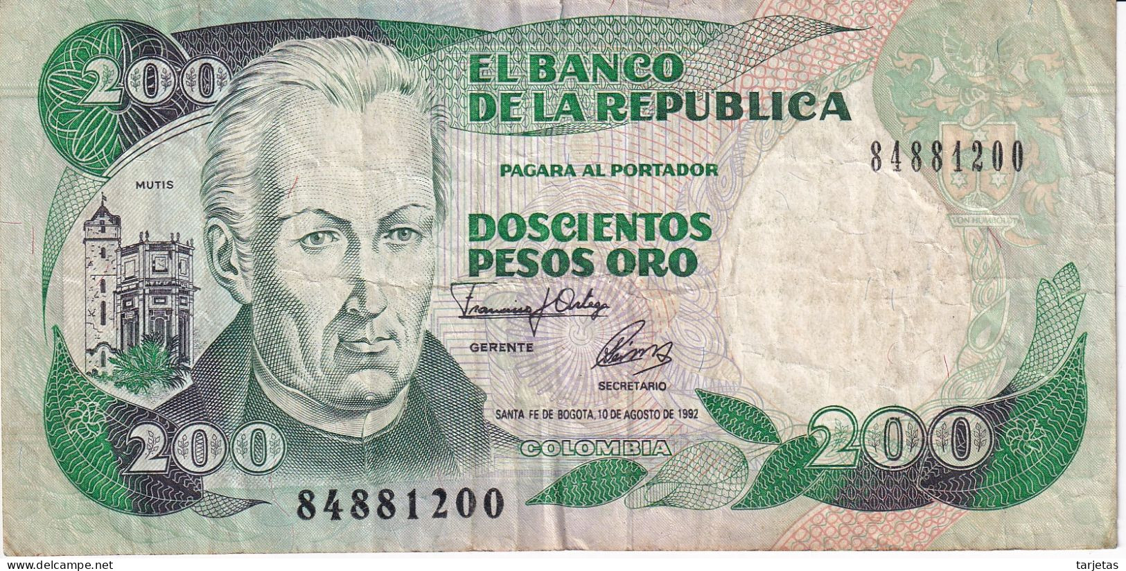 BILLETE DE COLOMBIA DE 200 PESOS DE ORO DEL AÑO 1992 (BANKNOTE) - Colombie