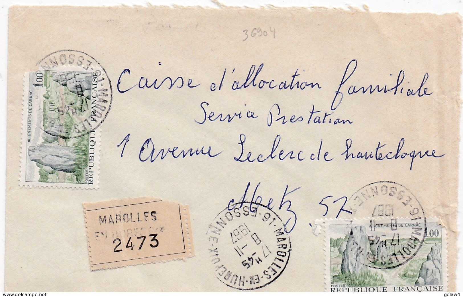 36904# LETTRE FRANCHISE POSTALE PARTIELLE RECOMMANDE Obl 91 MAROLLES EN HUREPOIX ESSONNE 1967 METZ MOSELLE - 1961-....