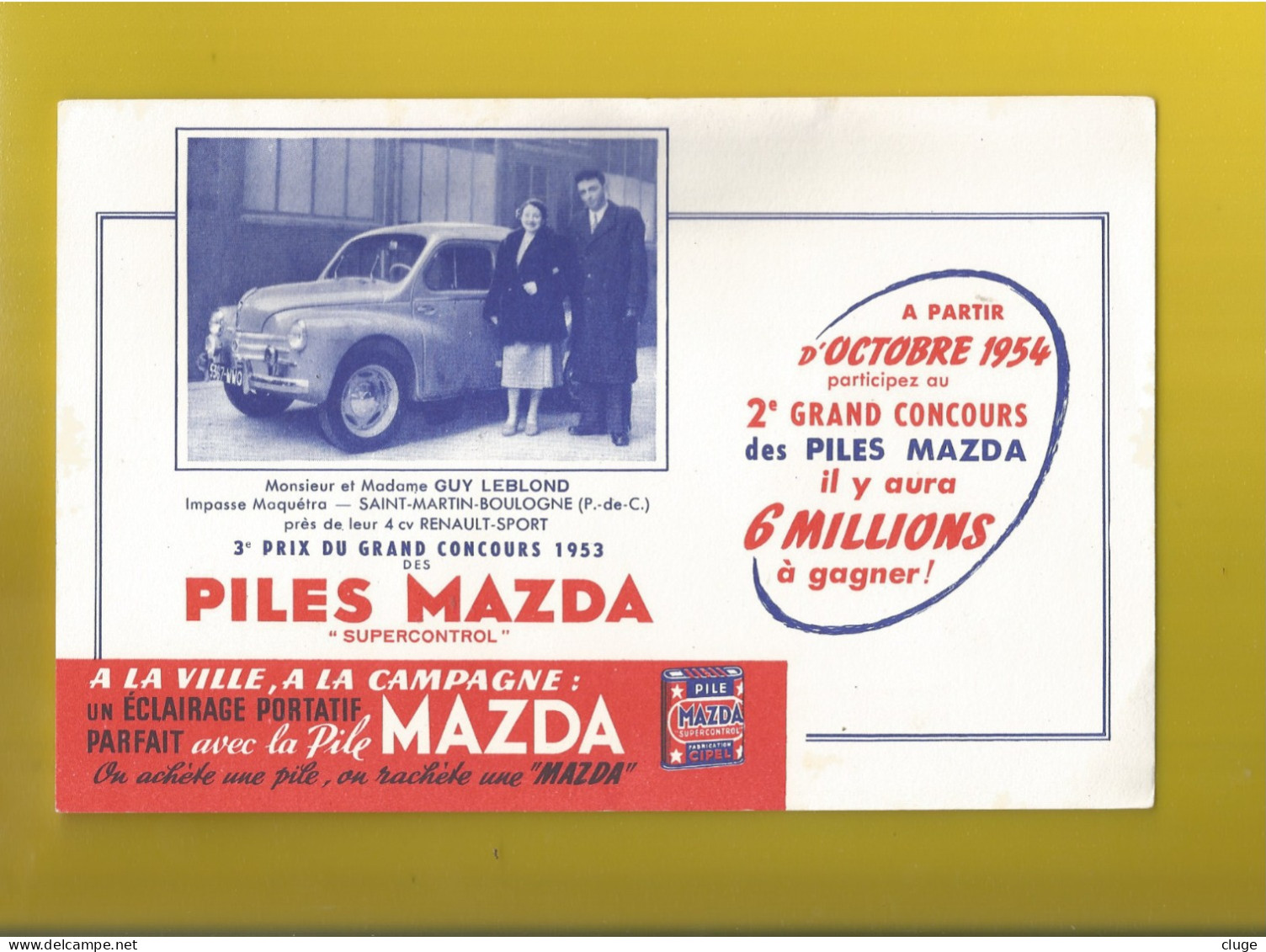 BUVARD - RENAULT 4 CV - Piles Mazda -  Concours Année 1953 / 1954 - Automobile - Macchina