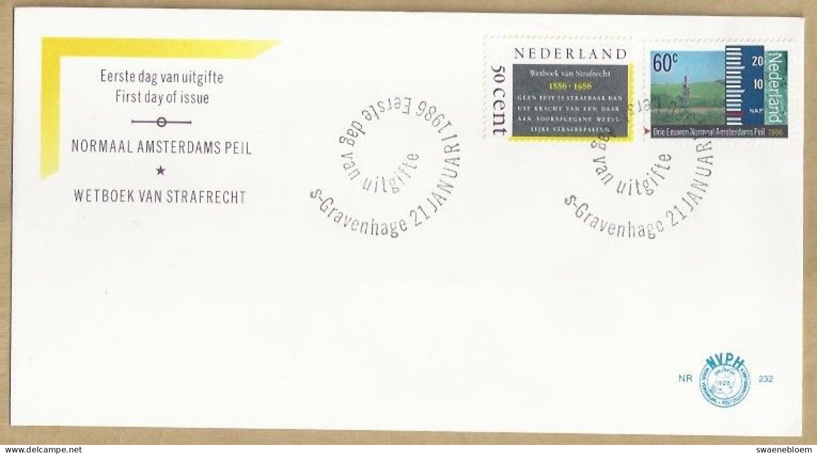 NL.- FDC. NVPH Nr. 232. EERSTE DAG VAN UITGIFTE. FIRST DAY OF ISSUE. 21-01-1986. NORMAAL AMSTERDAMS PEIL. WETBOEK VAN .. - FDC