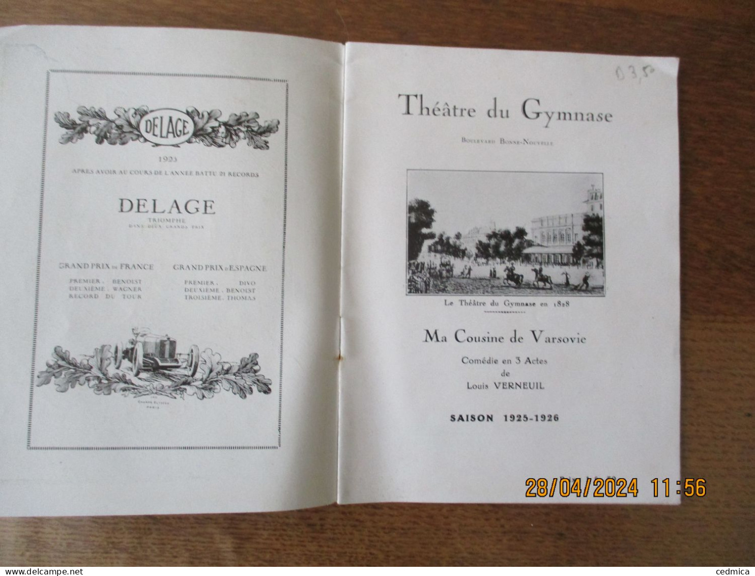 THEÂTRE DU GYMNASE MA COUSINE DE VARSOVIE COMEDIE EN 3 ACTES DE LOUIS VERNEUIL SAISON 1925-1926 - Programas