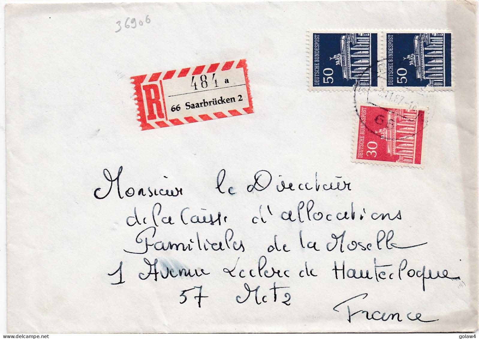 36906# LETTRE FRANCHISE POSTALE RECOMMANDE Obl SAARBRÜCKEN 2 1967 Pour METZ MOSELLE - Cartas & Documentos