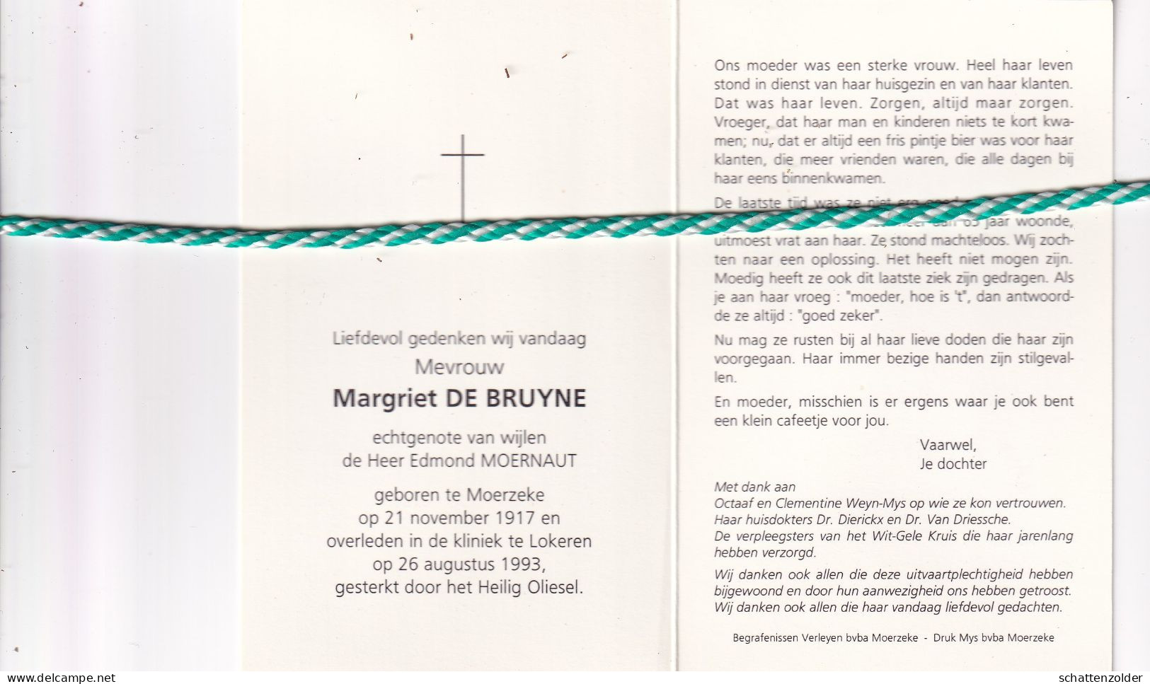 Margriet De Bruyne-Moernaut, Moerzeke 1917, Lokeren 1993. Foto - Décès