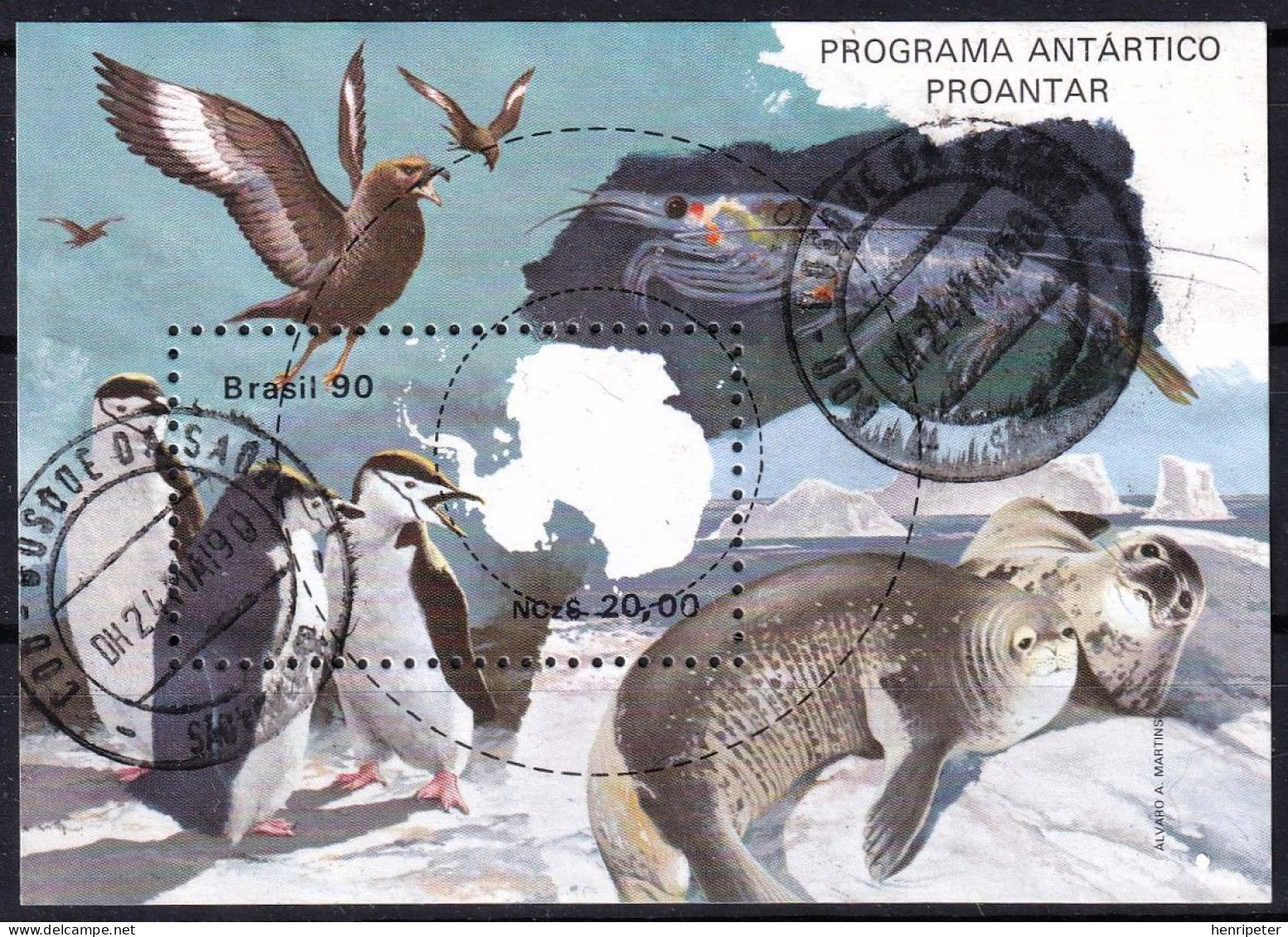 Bloc-feuillet Oblitéré - Programme Antarctique Brésilien - Faune Antarctique - N° BF81 (Yvert Et Tellier) - Brésil 1990 - Blokken & Velletjes