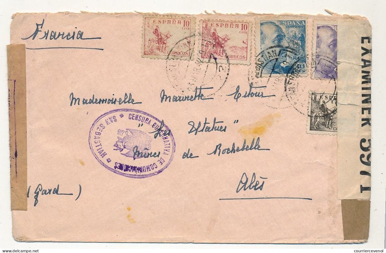 Enveloppe 1942 - Double Censure "Censura Gubernativa De Communicaciones SAN SEBASTIAN" + Examiner 5971 - Brieven En Documenten