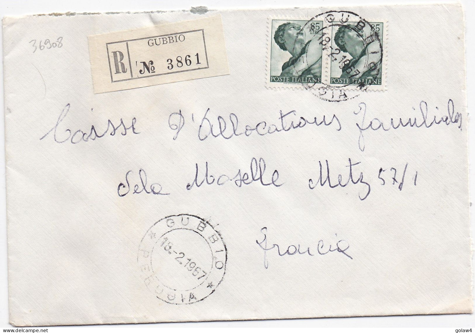 36908# LETTRE FRANCHISE POSTALE RECOMMANDE Obl GUBBIO PERUGIA 1967 Pour METZ MOSELLE - 1961-70: Poststempel