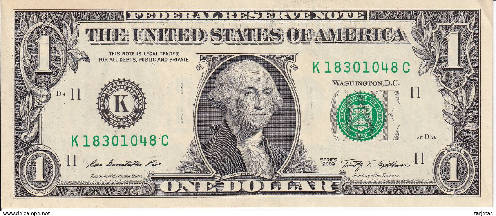 BILLETE DE ESTADOS UNIDOS DE 1 DOLLAR DEL AÑO 2009 LETRA K - DALLAS  (BANK NOTE) - Federal Reserve Notes (1928-...)