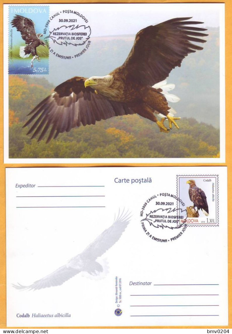 2021 Moldova Moldavie Romania Maxicard ”The Lower Prut Biosphere Reserve 30th Foundation Annivers" Birds, Eagle - Kraanvogels En Kraanvogelachtigen