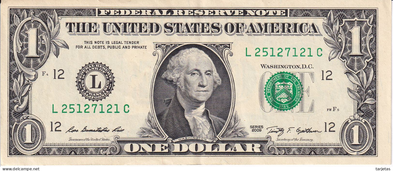 BILLETE DE ESTADOS UNIDOS DE 1 DOLLAR DEL AÑO 2009 LETRA L - SAN FRANCISCO  (BANK NOTE) - Billetes De La Reserva Federal (1928-...)