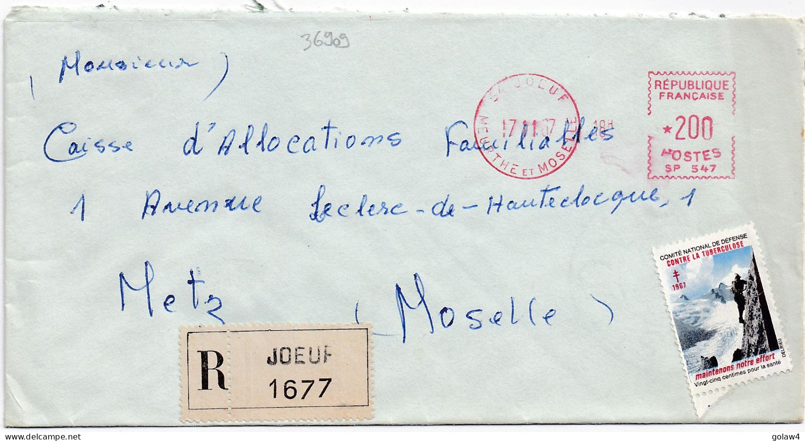 36909# LETTRE VIGNETTE TUBERCULOSE FRANCHISE POSTALE RECOMMANDE EMA 54 JOEUF MEURTHE ET MOSELLE 1967 Pour METZ MOSELLE - EMA (Print Machine)