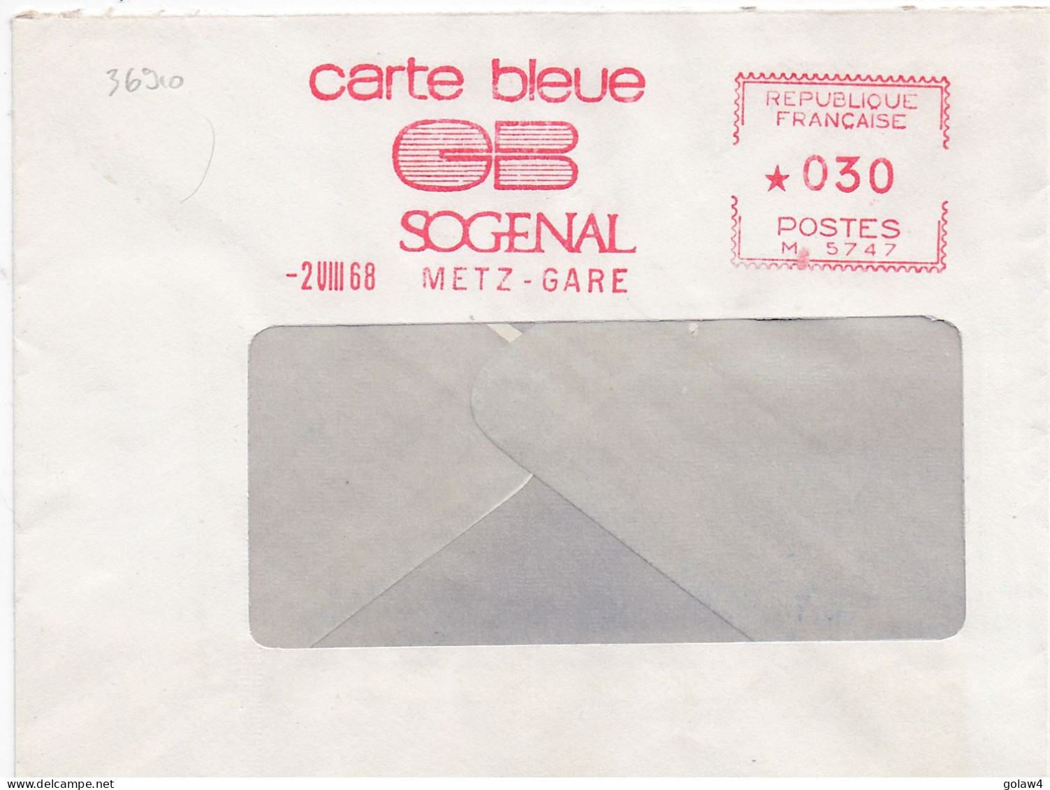 36910# EMA LETTRE CARTE BLEUE CB SOGENAL 2 VIII 1968 METZ GARE M 5747 - EMA (Print Machine)