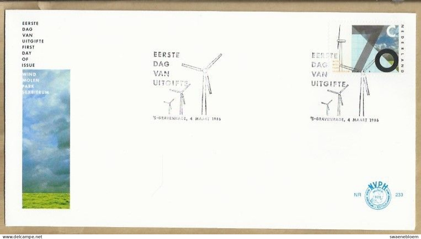 NL.- FDC. NVPH Nr. 233. EERSTE DAG VAN UITGIFTE. FIRST DAY OF ISSUE. 04-03-1986. WINDMOLENPARK SEXBIERUM. - FDC