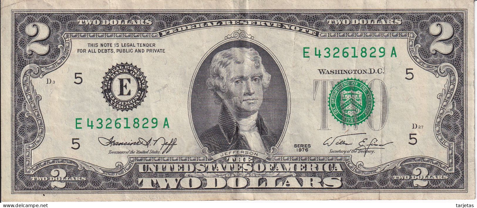 BILLETE DE ESTADOS UNIDOS DE 2 DOLLARS DEL AÑO 1976 LETRA E - RICHMOND (BANK NOTE) - Biljetten Van De  Federal Reserve (1928-...)