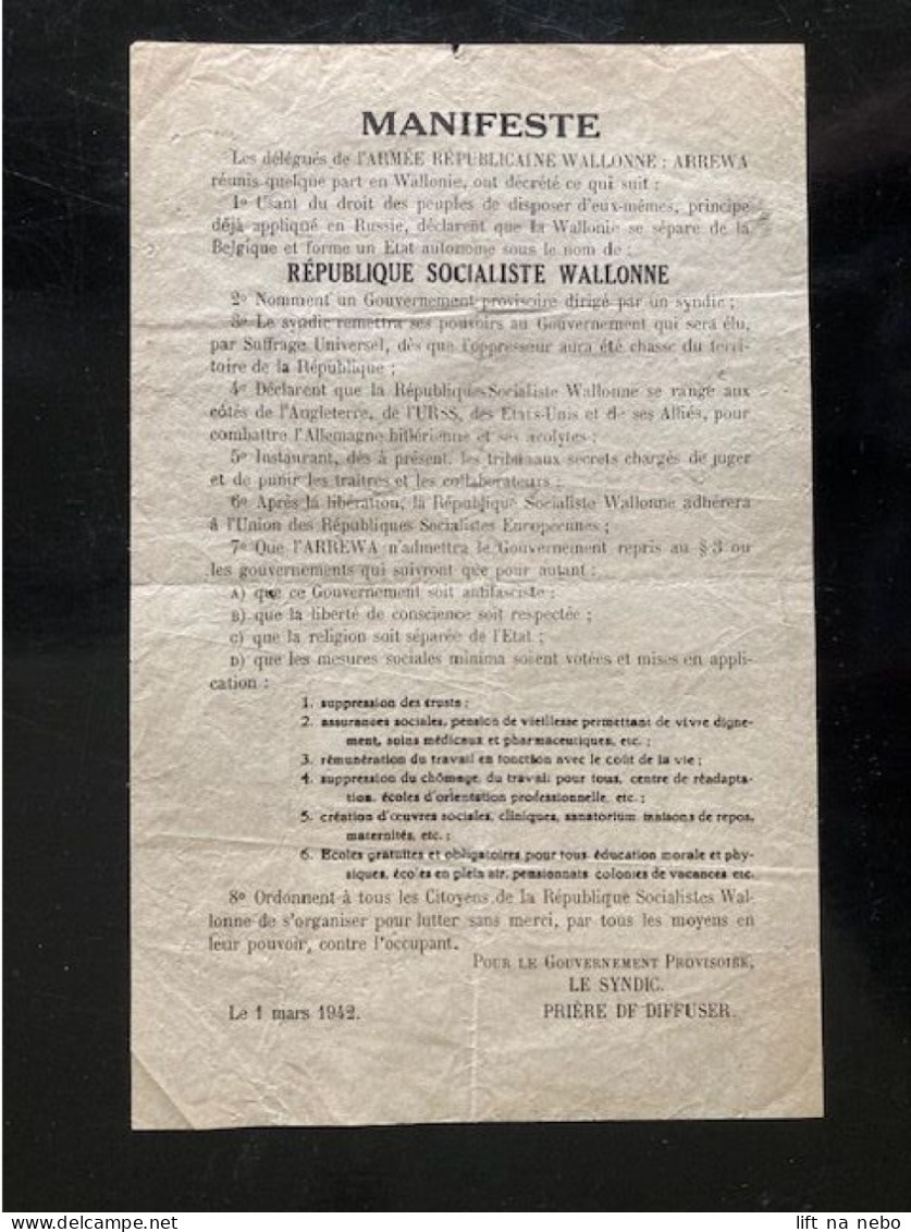 Tract Presse Clandestine Résistance Belge WWII WW2 'Manifeste' Les Délégués De L'armée Républicaine Wallonne: ARREWA... - Documentos