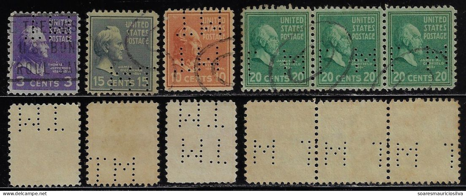 USA United States 1936/1952 6 Stamp With Perfin MT By Manufacturers Trust Company From New York Lochung Perfore - Perforados