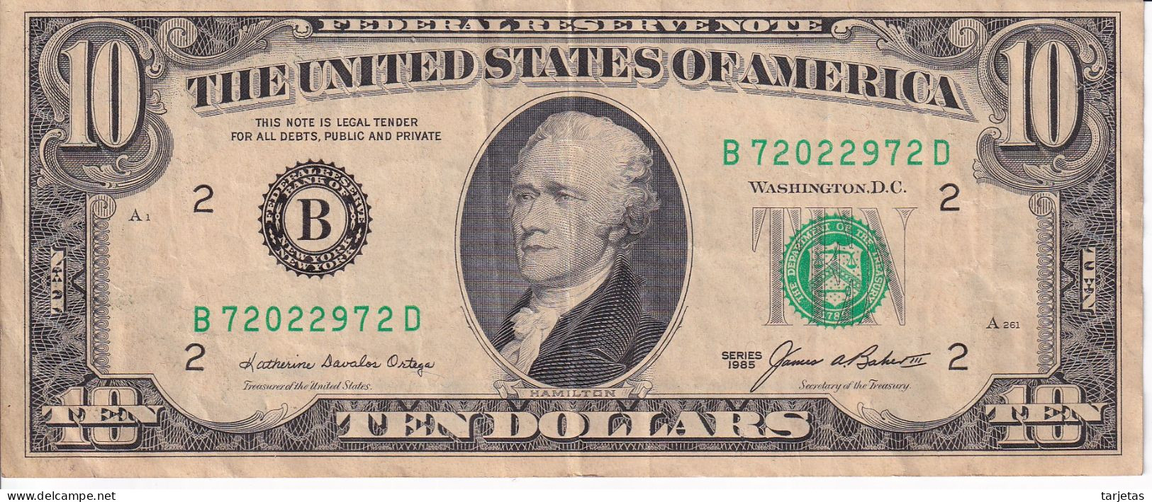 BILLETE DE ESTADOS UNIDOS DE 10 DOLLARS DEL AÑO 1985 LETRA B - NEW YORK (BANK NOTE) - Federal Reserve (1928-...)