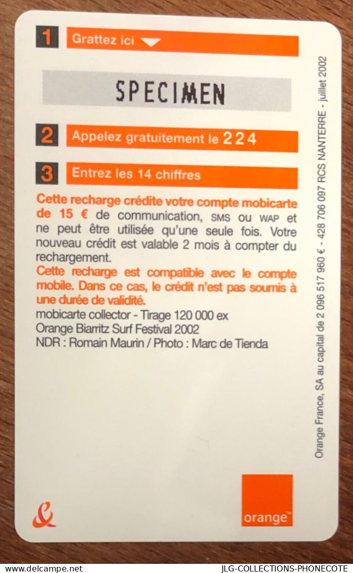 BIARRITZ SURF MOBICARTE ORANGE SPÉCIMEN MBC MOBI GSM SCHEDA TARJETA PHONE CARD PREPAID PREPAYÉE CALLING CARTE TELECARTE - Kaarten Voor De Telefooncel (herlaadbaar)