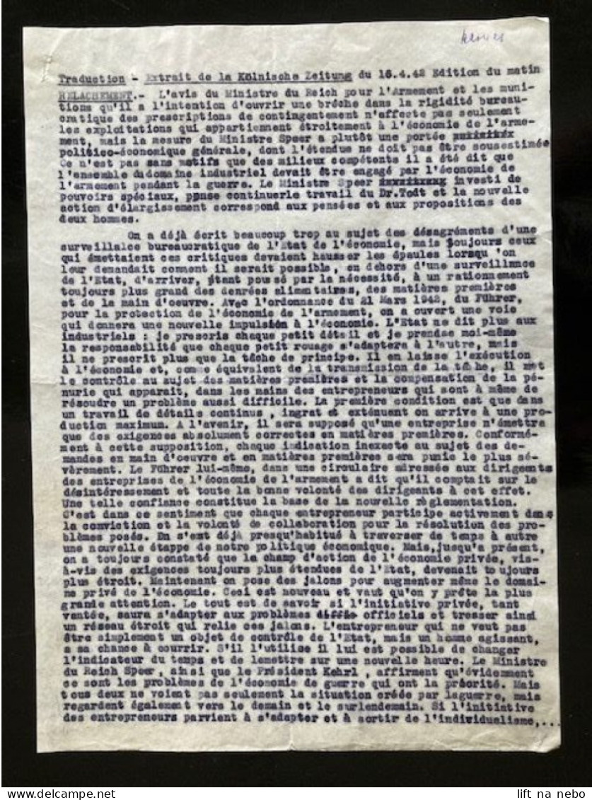 Tract Presse Clandestine Résistance Belge WWII WW2 'Traduction - Extrait De La Kölnische Zeitung' 2 Sheets - Dokumente