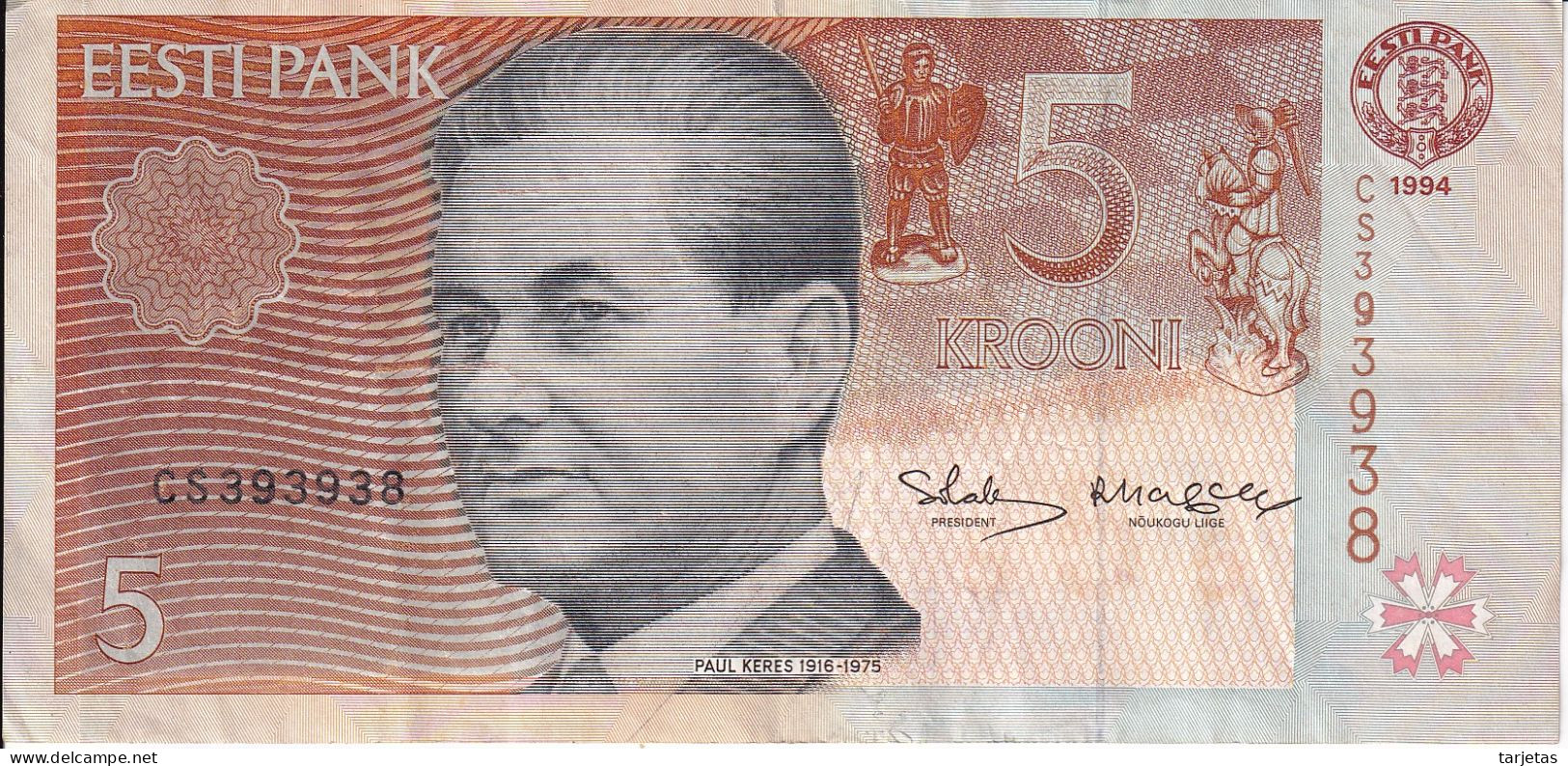 BILLETE DE ESTONIA DE 5 KROONI DEL AÑO 1994 (BANK NOTE) - Estland