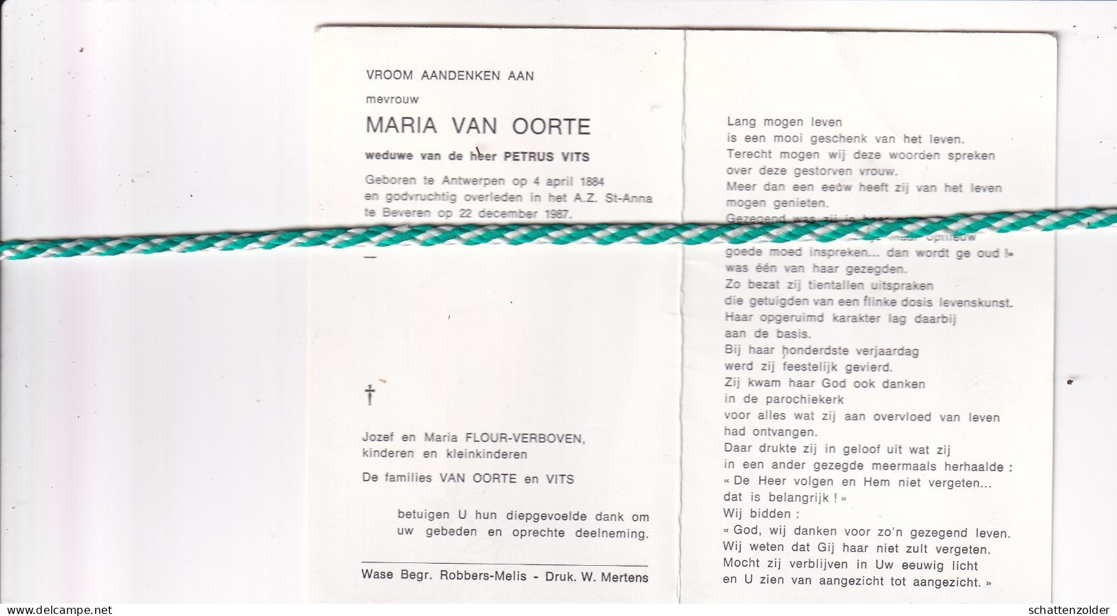 Maria Van Oorte-Vits, Antwerpen 1884, Beveren 1987. Honderdjarige - Todesanzeige