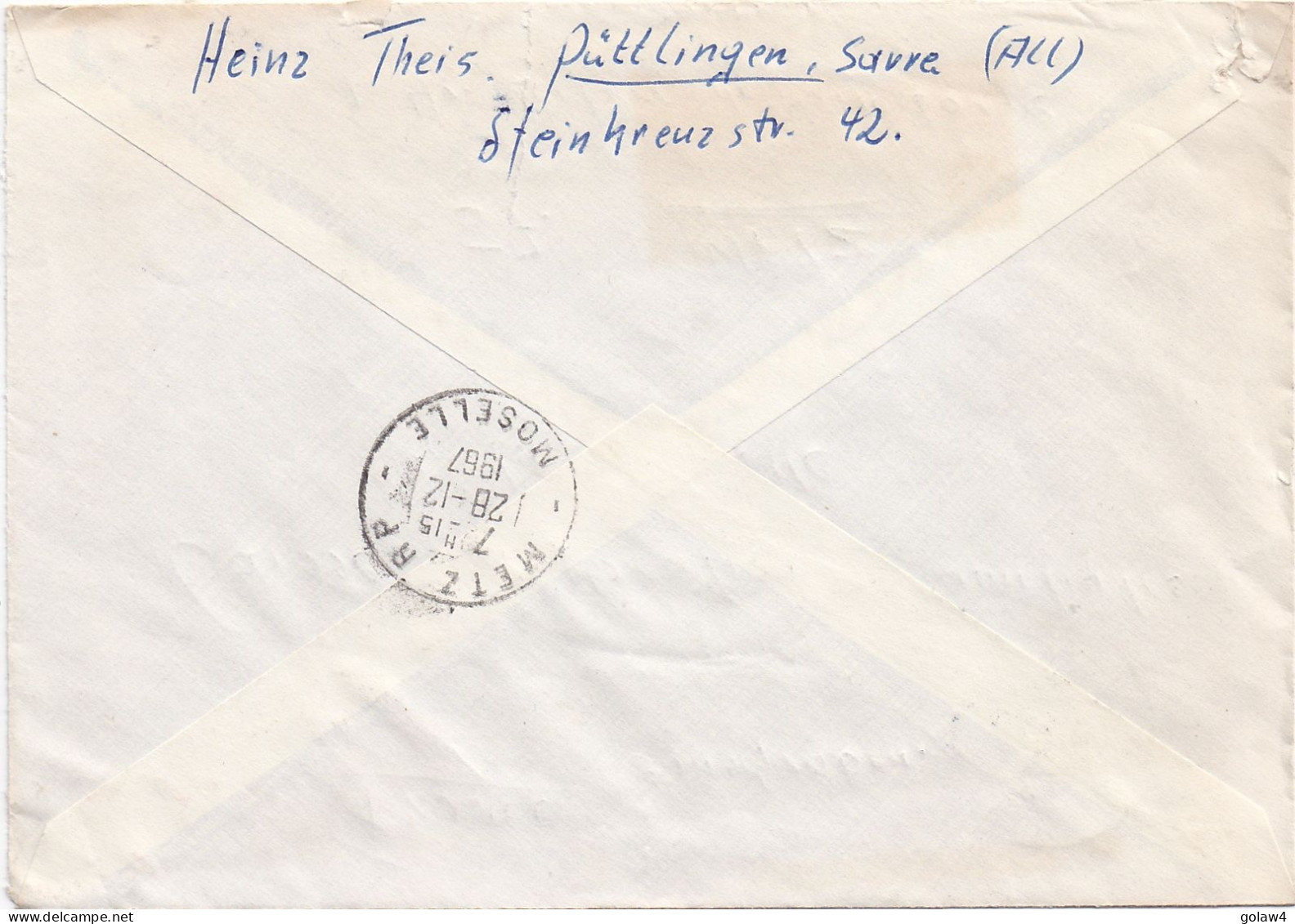 36913# LETTRE FRANCHISE POSTALE RECOMMANDE Obl PÜTTLINGEN 1967 Pour METZ MOSELLE - Cartas & Documentos